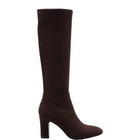 Carl Scarpa brown suede-effect knee-high block heel boots with pointed toe and fitted sock-style shaft