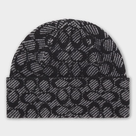 Coach Black Multi merino wool beanie with all-over monogram jacquard pattern and ribbed cuff detail