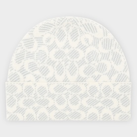 Coach Chalk Multi merino wool beanie with all-over tonal monogram jacquard pattern, ribbed structure, in cream and pale grey.
