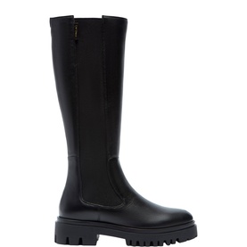 Carl Scarpa black leather knee-high boots with chunky lug sole, elasticated side panel, and gold zip detail