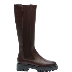 Carl Scarpa brown leather knee-high chelsea boot with chunky black lug sole and elasticated side panel