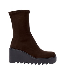 Carl Scarpa brown suede mid-calf wedge boots with square toe, stretch fit, and chunky serrated black platform sole