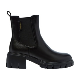 Black leather Chelsea boot with elastic side panel, block heel, and chunky treaded sole