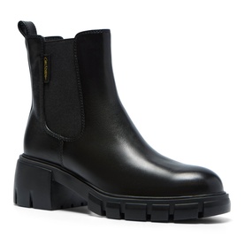 Black leather Chelsea boot with elastic side panel, block heel, and chunky lugged sole