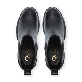 Ogelli black leather Chelsea boots, overhead view showing elastic side panels, chunky ridged sole and gold-tone branded insole