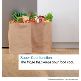 Bosch white fridge with two brown paper bags filled with fresh groceries, highlighting the Super Cool function.