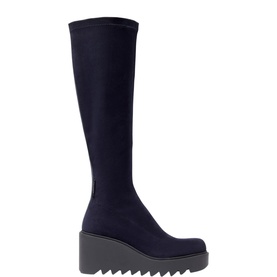Carl Scarpa navy stretch knee-high boot with platform wedge sole and square toe, no model