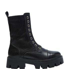 Carl Scarpa black leather lace-up combat boot with chunky lugged sole and silver eyelet detailing, mid-calf height