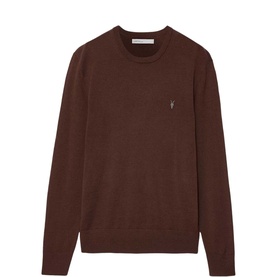 All Saints crew neck knit jumper in Hot Choc Brown with small logo embroidery at chest, fine knit finish