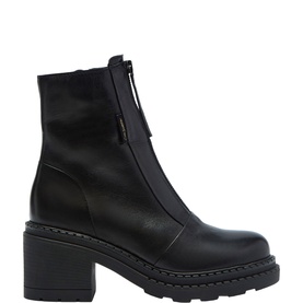 Carl Scarpa black leather ankle boot with front zip, block heel, and chunky lug sole, side profile view