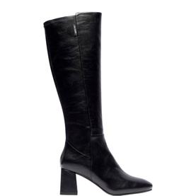 Carl Scarpa knee-high boot in black leather with block heel, square toe, and inner zip fastening