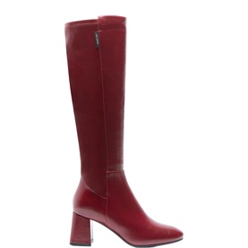 Deep red knee-high boots with block heel, square toe, side zip fastening, and smooth leather front panel with stretch back panel.