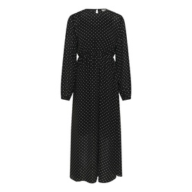 Kaffe black with white dot long-sleeve midi dress with elasticated waist, wide-leg silhouette and keyhole back detail
