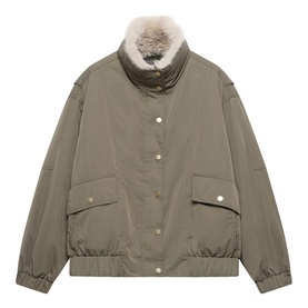 Mint Velvet green oversized jacket with cream faux fur collar, snap button fastening, and large front patch pockets