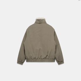 Mint Velvet green bomber jacket, rear view, with sherpa collar lining and elasticated hem and cuffs