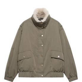 Mint Velvet green oversized jacket with cream faux fur collar, snap button fastening, and large front patch pockets
