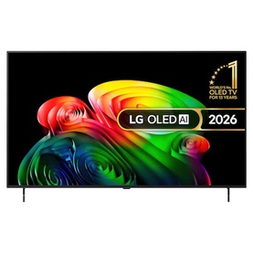 LG OLED AI 2026 black flat-screen TV, front view, showing vibrant display with World's No.1 OLED TV for 15 Years badge
