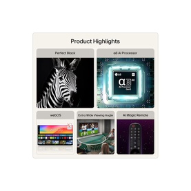 LG Black TV product highlights collage showing Perfect Black picture, &alpha;8 AI Processor, webOS, wide viewing angle, and AI Magic Remote features