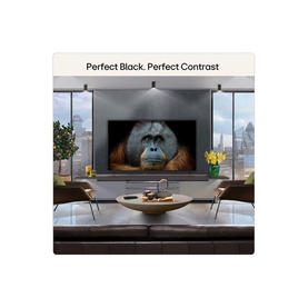LG black OLED TV wall-mounted in modern living room, displaying vivid orangutan image with "Perfect Black. Perfect Contrast" text above