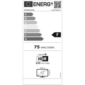 LG OLED55B6SLA energy rating label showing F rating, 75 kWh/1000h consumption, HDR support, 122 kWh/1000h HDR usage