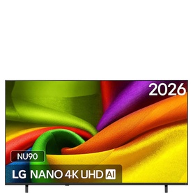 LG NANO 4K UHD AI NU90 black television, 2026 model, displaying vibrant colourful swirl pattern on screen