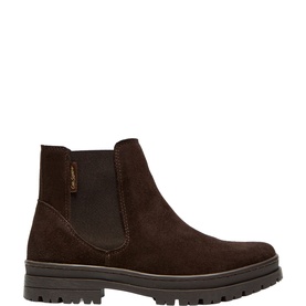 Carl Scarpa brown suede Chelsea boot with gold zip detail, elasticated side panel, and chunky black lug sole