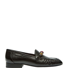 Carl Scarpa black leather loafer with embellished multicolour gem bar detail, gathered toe, and low block heel, side view
