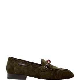 Carl Scarpa green suede loafer with decorative red bead chain detail and low block heel, side profile view