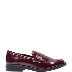 Carl Scarpa women's loafer in bordo patent leather with penny strap detail and block heel, black sole