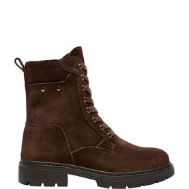 Carl Scarpa brown suede lace-up ankle combat boot with gold stud detail and chunky black rubber sole
