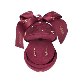 Missoma Crescent Hoop Earrings Jewellery Bauble 2026 in gold, crescent moon hoops displayed in burgundy velvet bauble box with star-print ribbon bow