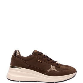 Carl Scarpa brown suede wedge sneakers with gold star detail, lace-up front, and chunky cream sole