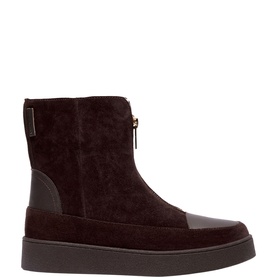 Carl Scarpa brown suede ankle boot with front zip, leather toe cap, and dark flatform sole