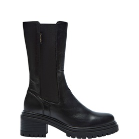 Carl Scarpa black leather mid-calf Chelsea boot with block heel, elastic side panel, zip detail, and chunky lug sole