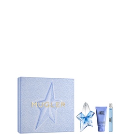 Mugler Angel Eau de Parfum & Body Lotion Luxury Gift Set featuring star-shaped EDP, body lotion, and travel spray in blue gift box