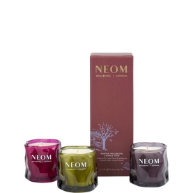Neom Organics scented candle gift set with three mini candles in pink, green and purple glass vessels with matching box