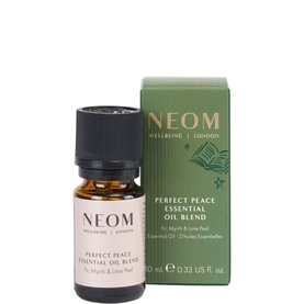 Neom Organics Perfect Peace Essential Oil Blend, 10ml amber glass bottle with black cap, shown with green branded box