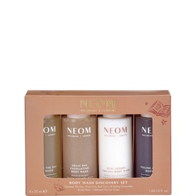 Neom Organics Body Wash Discovery Set containing four miniature body wash bottles in neutral packaging gift box