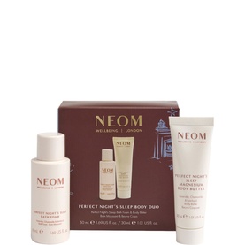 Neom Organics Perfect Night's Sleep Body Duo gift set with body foam and body butter in branded dark red box