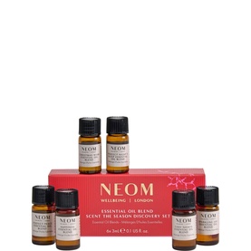 Neom Organics Essential Oil Blend Scent The Season Discovery Set, six amber glass bottles in festive red gift box