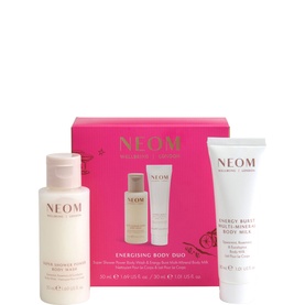 Neom Organics Energising Body Duo set with body wash and body milk in pink and white packaging