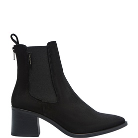 Carl Scarpa black suede ankle boot with elasticated side panel, block heel, pointed toe, and back zip detail