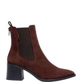 Carl Scarpa brown suede Chelsea boot with block heel, elasticated side panels, pointed toe, and dark sole