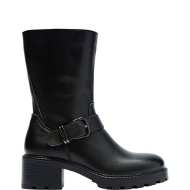 Black leather mid-calf block heel boot with side buckle strap detail and chunky lug sole