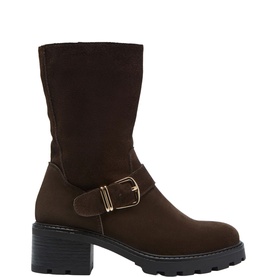 Dark brown mid-calf block heel boot with gold-tone buckle strap detail and chunky lug sole