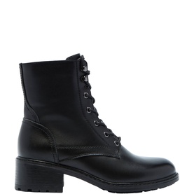 Carl Scarpa black leather lace-up ankle boot with block heel, side zip, and treaded sole