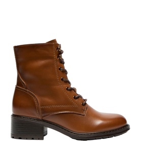 Carl Scarpa brown leather lace-up ankle boot with block heel and dark rubber sole, side profile view