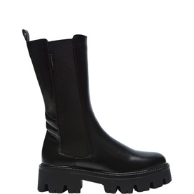 Black leather Chelsea boot with elastic side panels, chunky lug sole, and mid-calf height