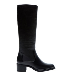 Carl Scarpa black leather knee-high boots with block heel and smooth shaft, side profile view