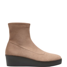 Taupe suede-effect stretch sock ankle boot with square toe and black wedge platform sole, side profile view